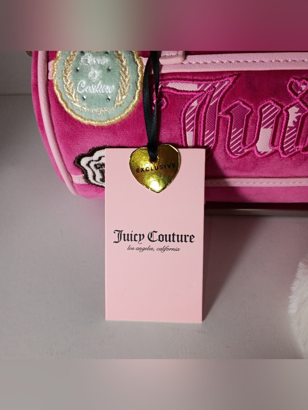 Juicy Couture Exclusive Raspberry/ Pink Velvet Barrel Bag with Fur Charm - Picture 12 of 12